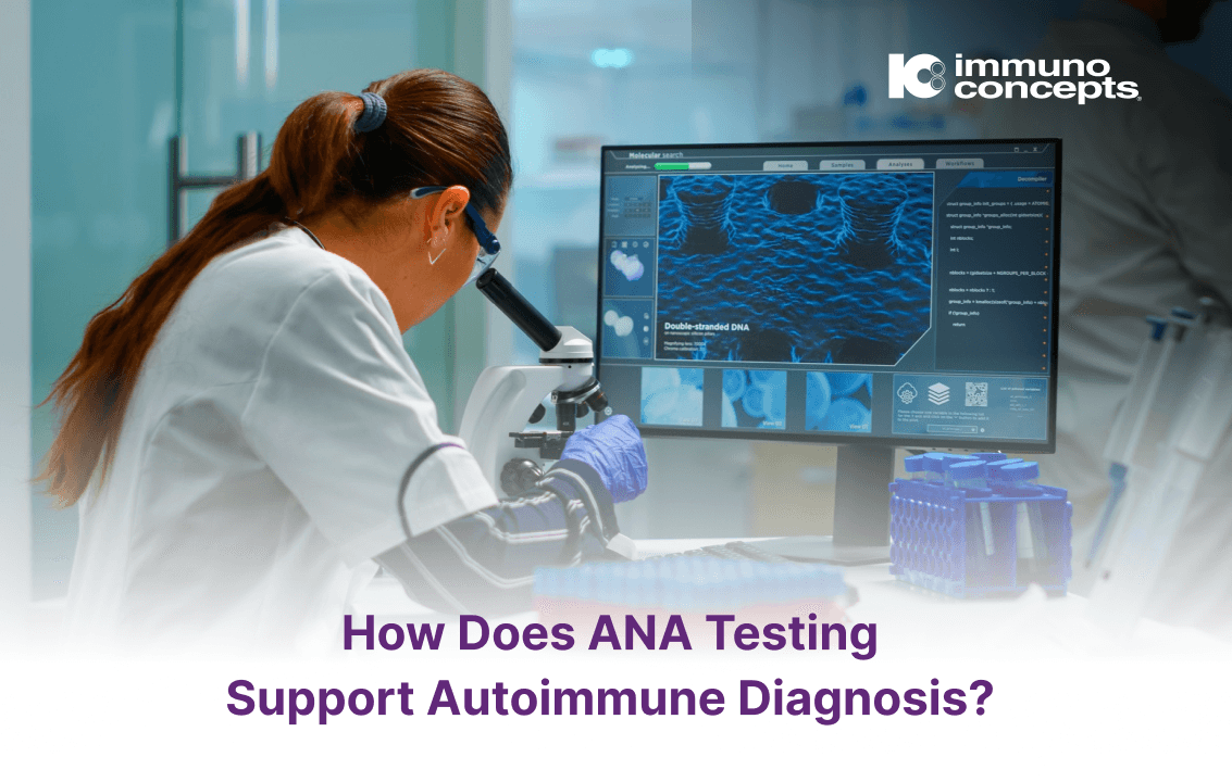 Laboratory professional performing ANA testing using indirect immunofluorescence on HEp-2 cell substrates for autoimmune disease screening.