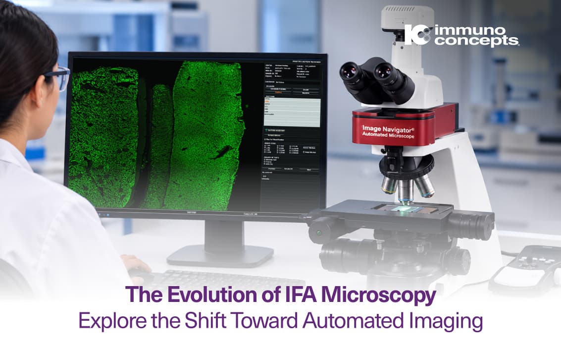 Laboratory professional reviewing fluorescence images using the Image Navigator® automated microscope for IFA testing.