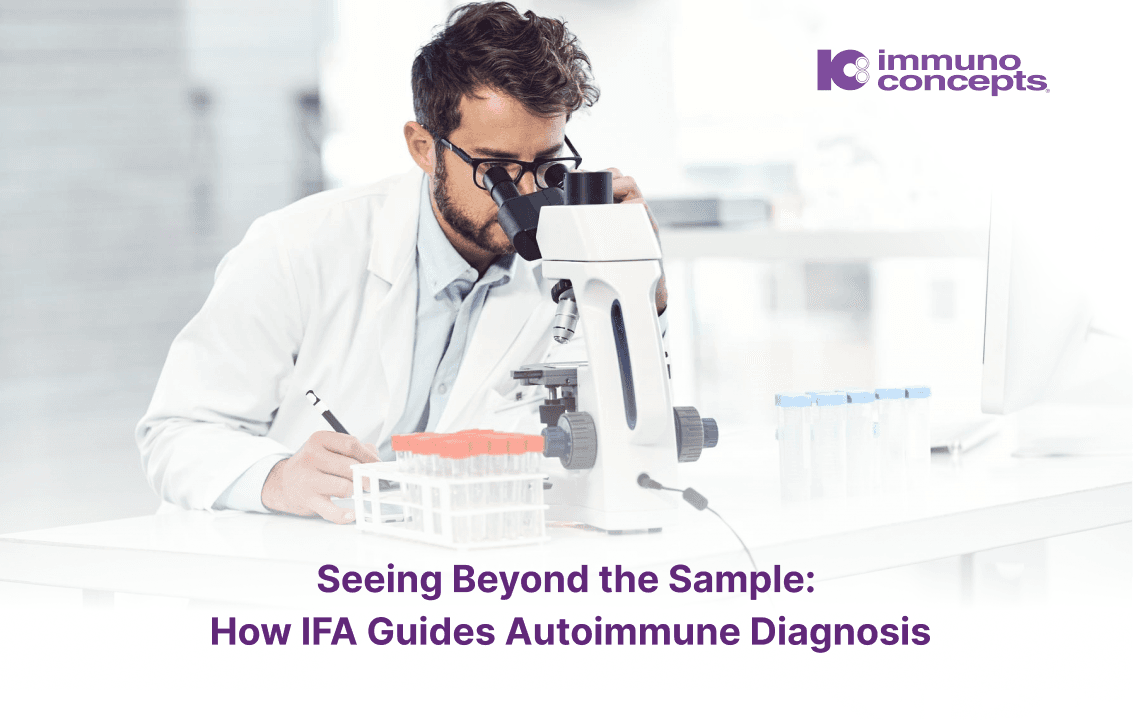 Laboratory professional reviewing fluorescence patterns during an indirect immunofluorescence assay for autoimmune disease diagnosis.