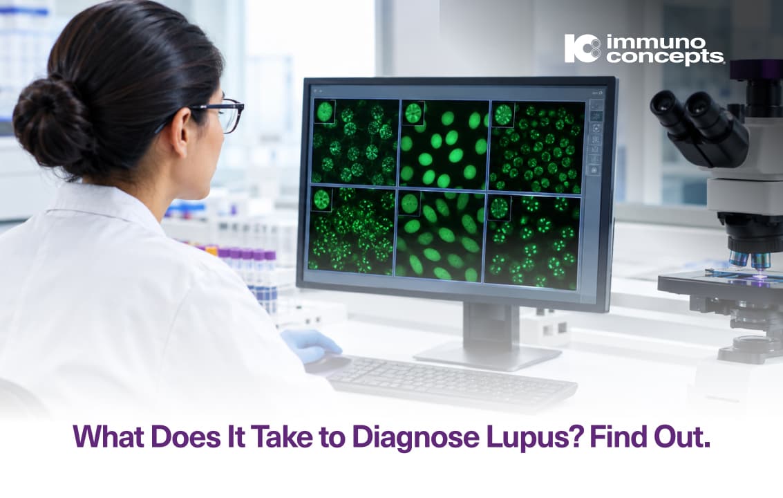 Laboratory professional reviewing ANA fluorescence images used in lupus and autoimmune disease testing.